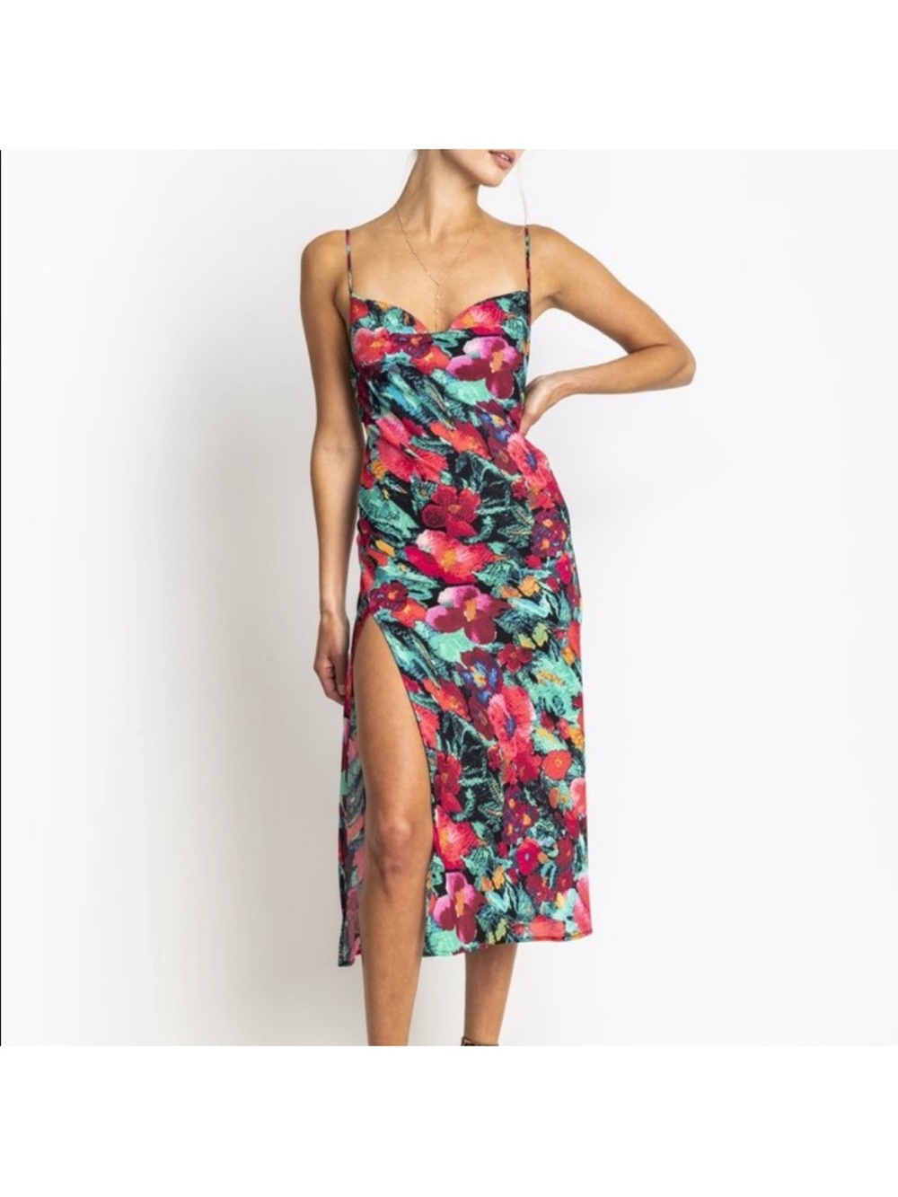 Floral Slip Midi Dress with Side Slit in Red Multi